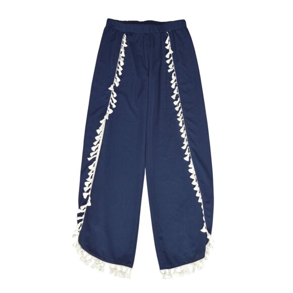NWT Green Envelope Navy Blue Tulip Harmen Pants White Tassels Womens Small Boho - Picture 9 of 10